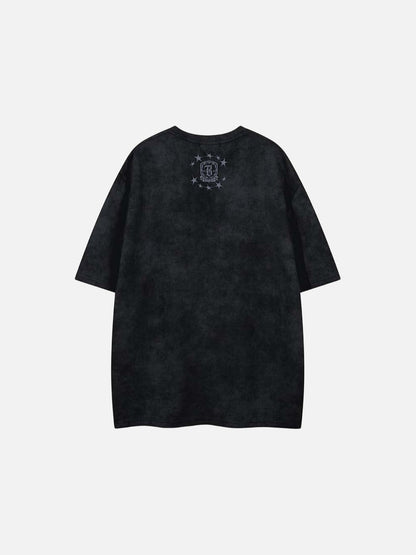 Washed graphic t-shirt with stars and emblem design