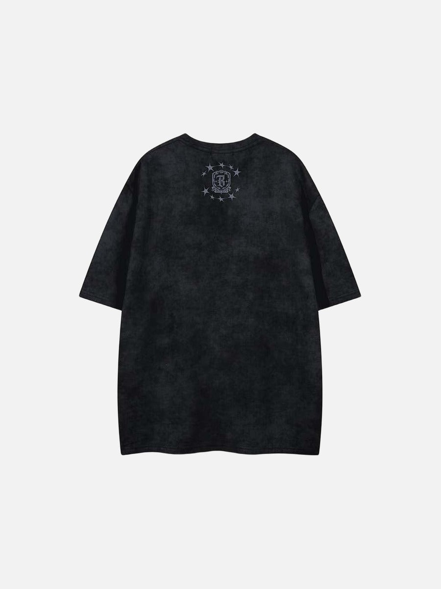 Washed graphic t-shirt with stars and emblem design