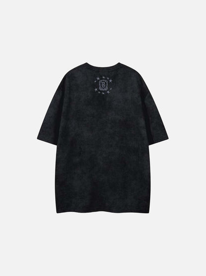 Washed graphic t-shirt with stars and emblem design