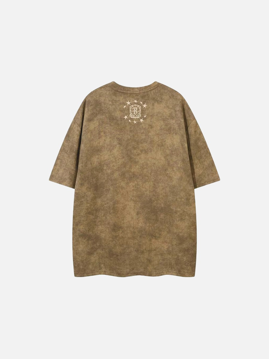 Washed graphic t-shirt with stars and emblem design