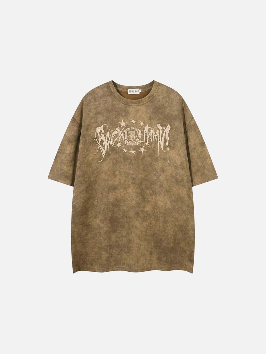 Washed graphic t-shirt with stars and emblem design