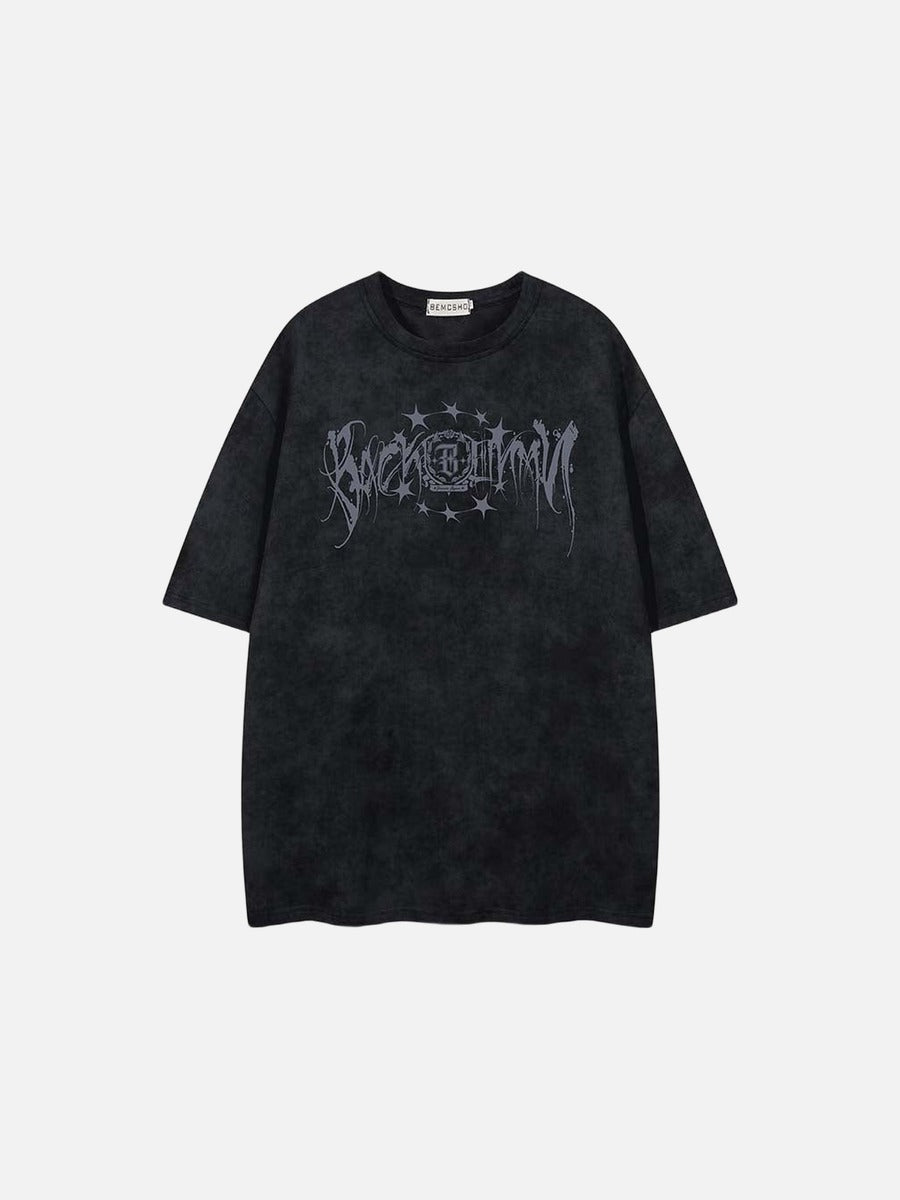 Washed graphic t-shirt with stars and emblem design