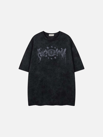 Washed graphic t-shirt with stars and emblem design