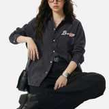 DAXUEN Washed grey long-sleeved button-up shirt with bowling graphics