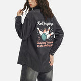 DAXUEN Washed grey long-sleeved button-up shirt with bowling graphics