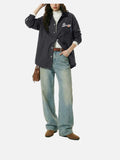 DAXUEN Washed grey long-sleeved button-up shirt with bowling graphics