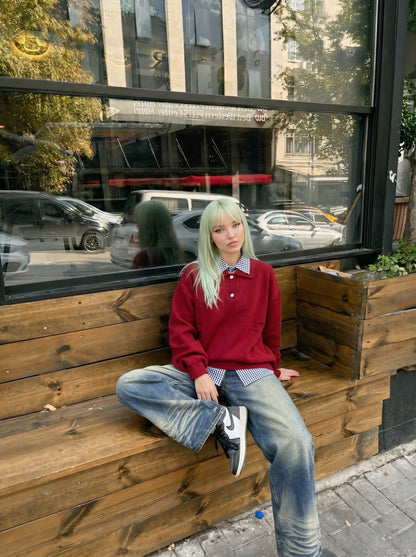 DAXUEN Wide-leg high-waisted jeans in medium blue denim — model photo
