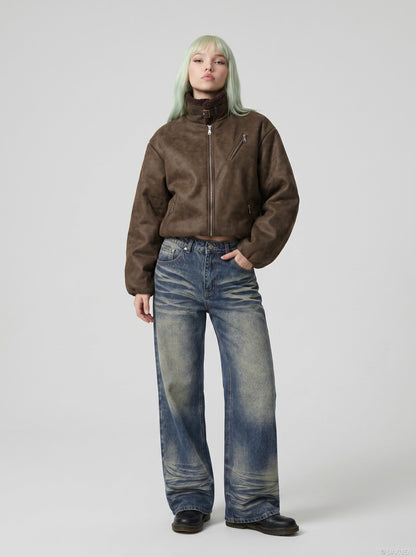 DAXUEN Wide-leg high-waisted jeans in medium blue denim — model photo
