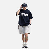 DAXUEN navy blue oversized wavy wordmark graphic T-shirt