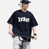 DAXUEN navy blue oversized wavy wordmark graphic T-shirt
