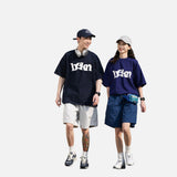 DAXUEN navy blue oversized wavy wordmark graphic T-shirt