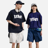 DAXUEN navy blue oversized wavy wordmark graphic T-shirt