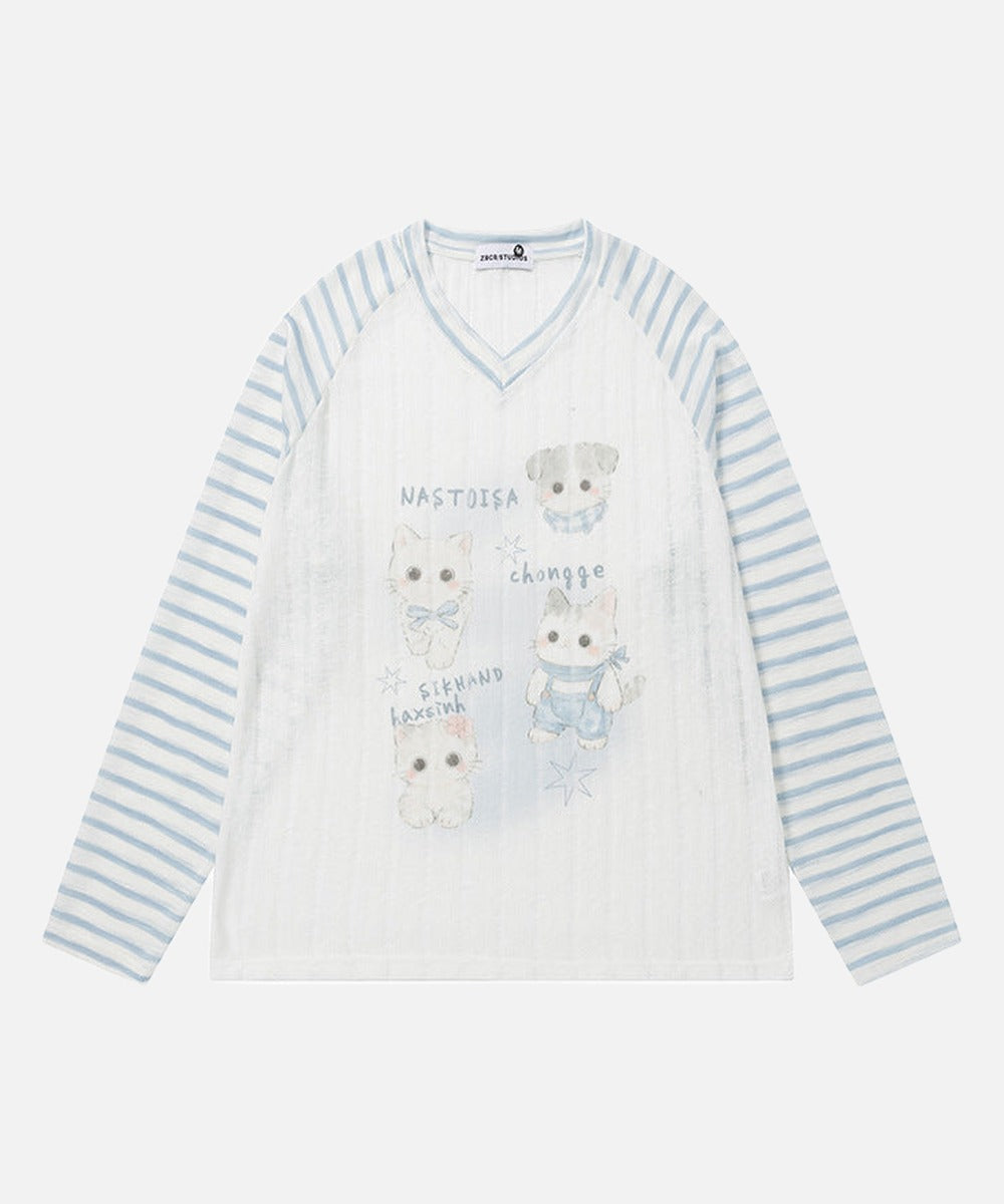 DAXUEN Whimsical cartoon animal V-neck long-sleeved top