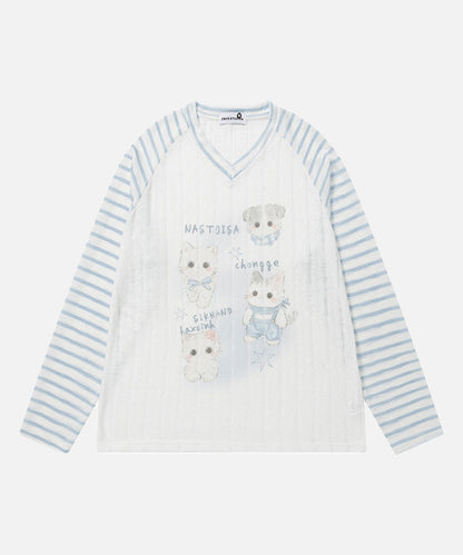 DAXUEN Whimsical cartoon animal V-neck long-sleeved top