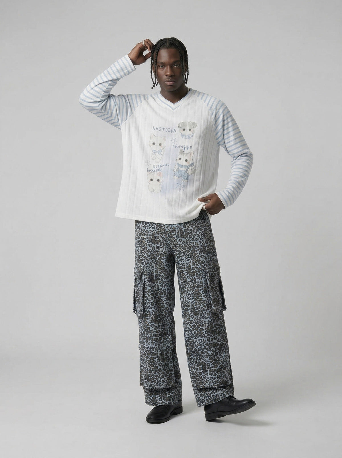 DAXUEN Whimsical cartoon animal V-neck long-sleeved top — model photo