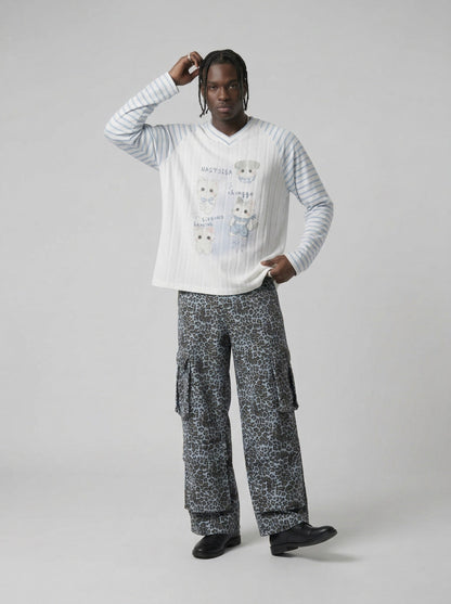 DAXUEN Whimsical cartoon animal V-neck long-sleeved top — model photo