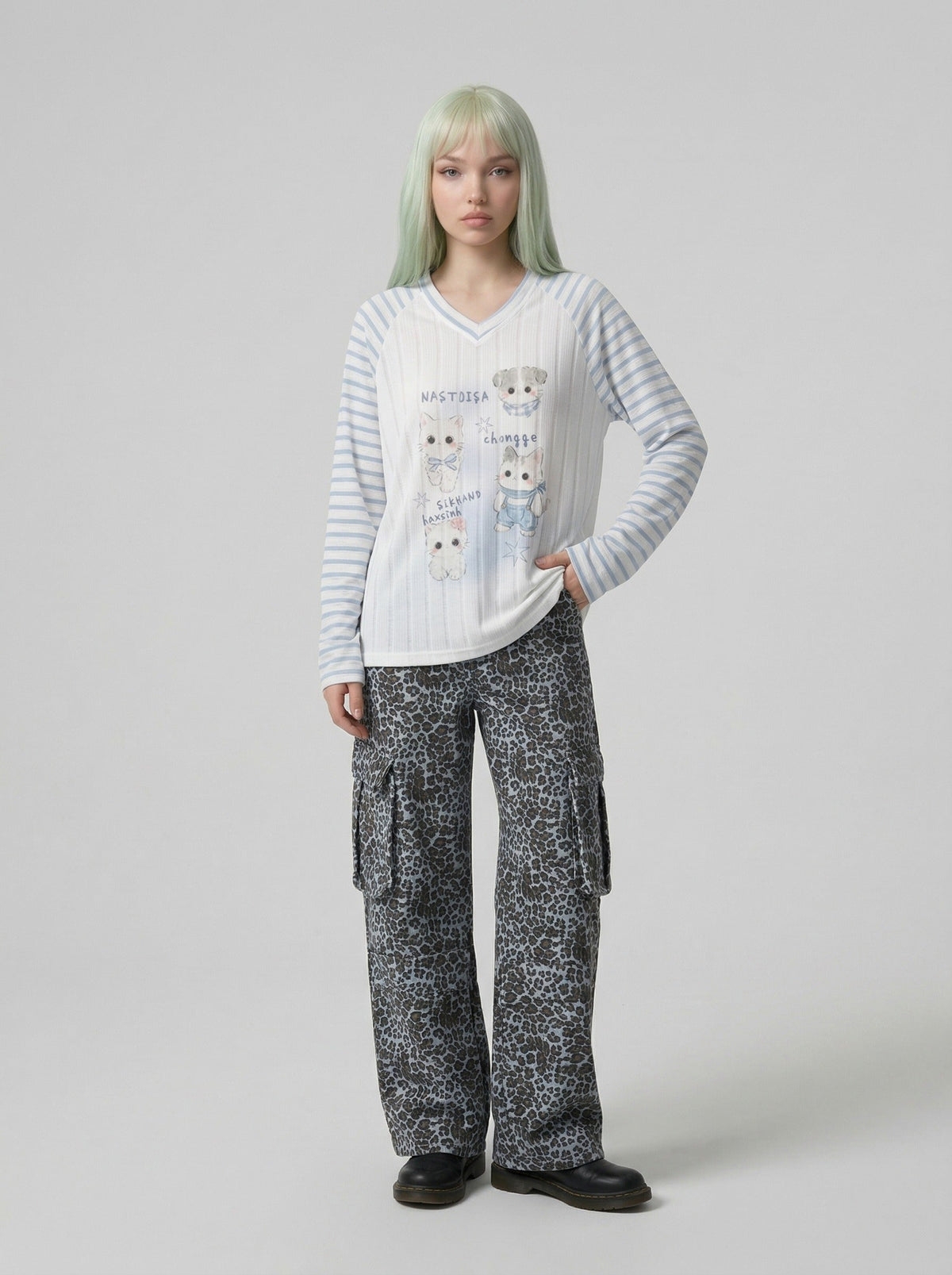 DAXUEN Whimsical cartoon animal V-neck long-sleeved top — model photo
