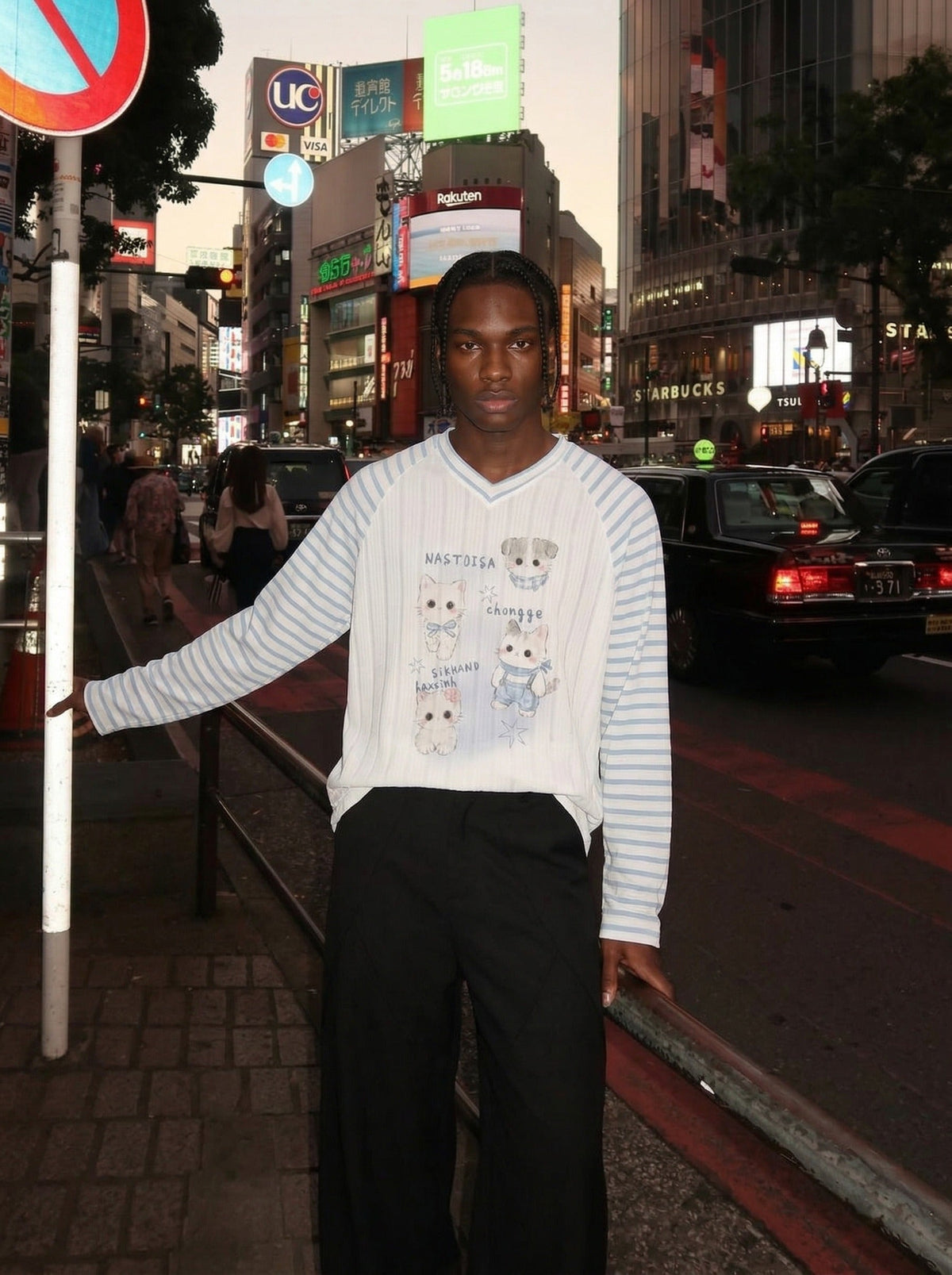 DAXUEN Whimsical cartoon animal V-neck long-sleeved top — model photo