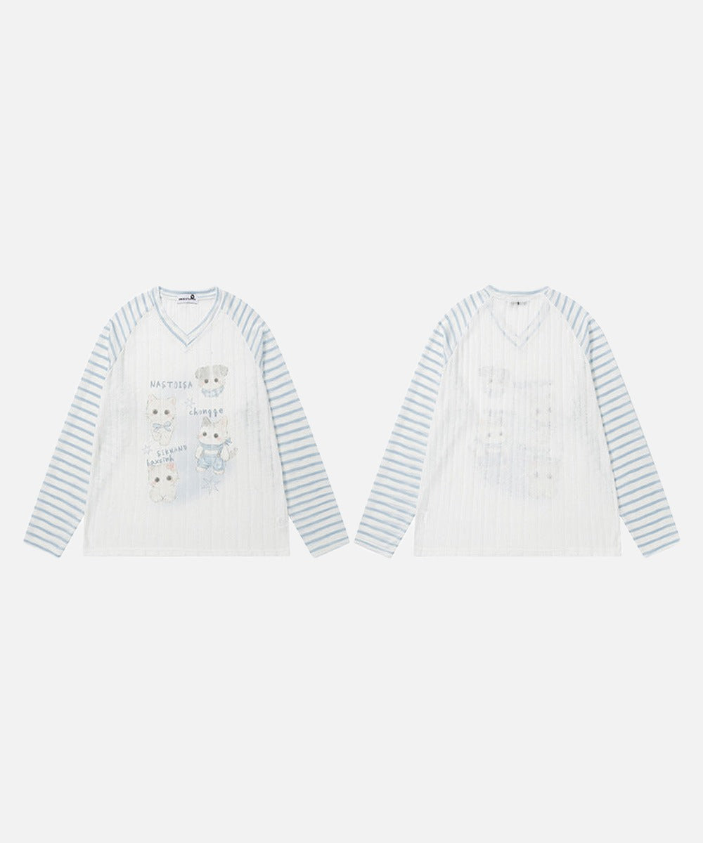 DAXUEN Whimsical cartoon animal V-neck long-sleeved top