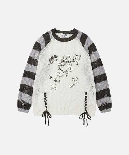 DAXUEN Long-sleeved knitted sweater with cat graphic
