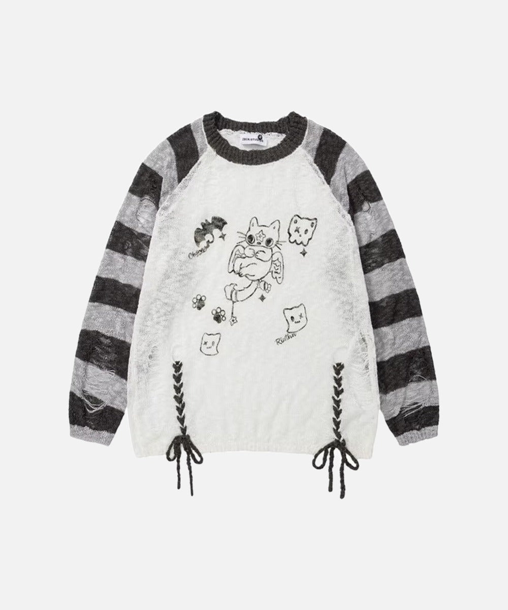 DAXUEN Long-sleeved knitted sweater with cat graphic