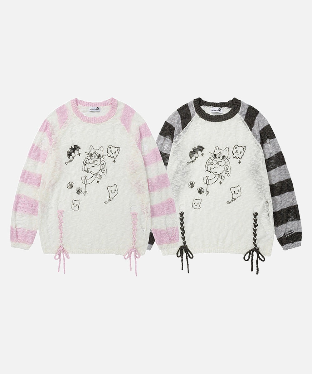 DAXUEN Long-sleeved knitted sweater with cat graphic