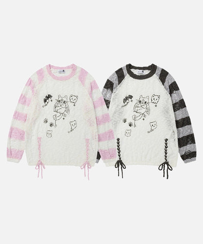 DAXUEN Long-sleeved knitted sweater with cat graphic