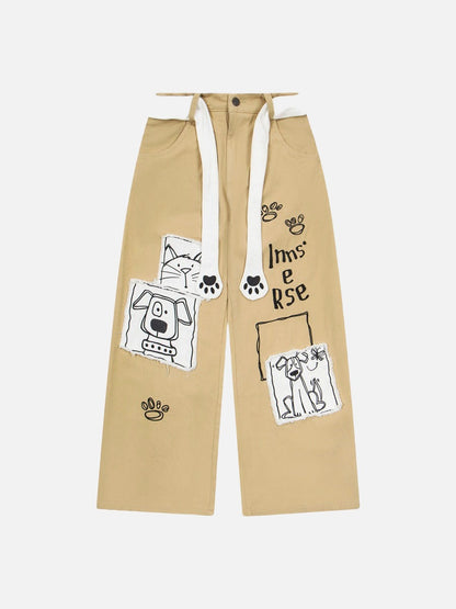DAXUEN Khaki wide-leg trousers with whimsical graphics