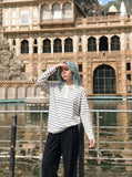 DAXUEN white horizontal stripe relaxed Henley shirt — model photo