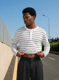 DAXUEN white horizontal stripe relaxed Henley shirt — model photo