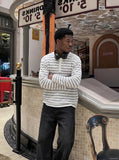 DAXUEN white horizontal stripe relaxed Henley shirt — model photo