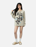 Dark Botanical Print V-Neck Knit Top