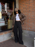 DAXUEN Wide-leg loose-fit cargo pants in dark grey and black — model photo
