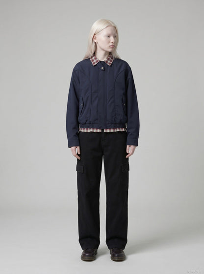 DAXUEN black wide-leg cargo pants with angled stitching — model photo