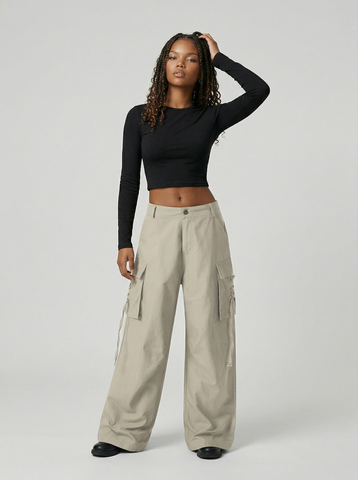 DAXUEN Wide-leg cargo pants in light beige/khaki color — model photo
