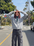 DAXUEN dark grey wide-leg cargo pants with woven strap detail — model photo