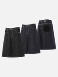 DAXUEN dark black wide-leg contrast-stitch denim culottes
