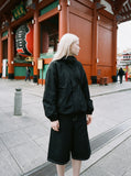 DAXUEN dark black wide-leg contrast-stitch denim culottes — model photo