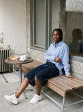 DAXUEN dark black wide-leg contrast-stitch denim culottes — model photo