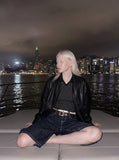 DAXUEN dark black wide-leg contrast-stitch denim culottes — model photo