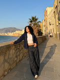 DAXUEN Wide-leg dark denim pants with embroidery — model photo