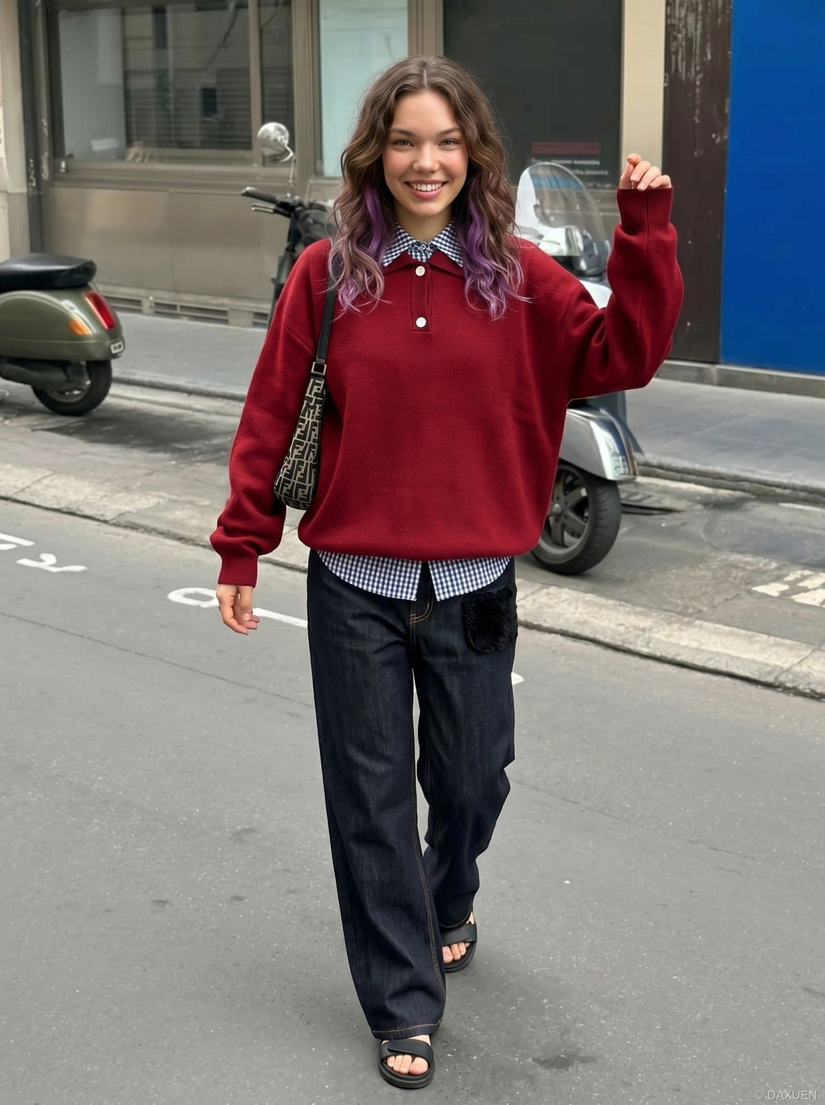 DAXUEN Wide-leg denim jeans with unique patches — model photo