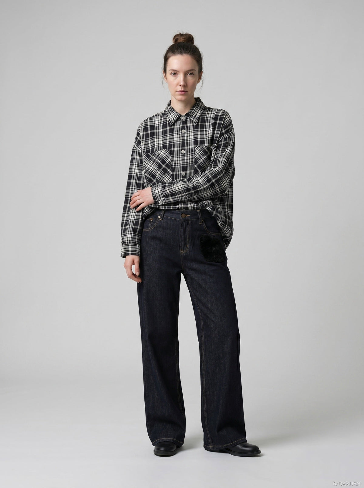 DAXUEN Wide-leg denim jeans with unique patches — model photo