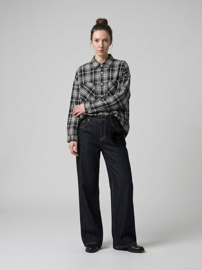 DAXUEN Wide-leg denim jeans with unique patches — model photo
