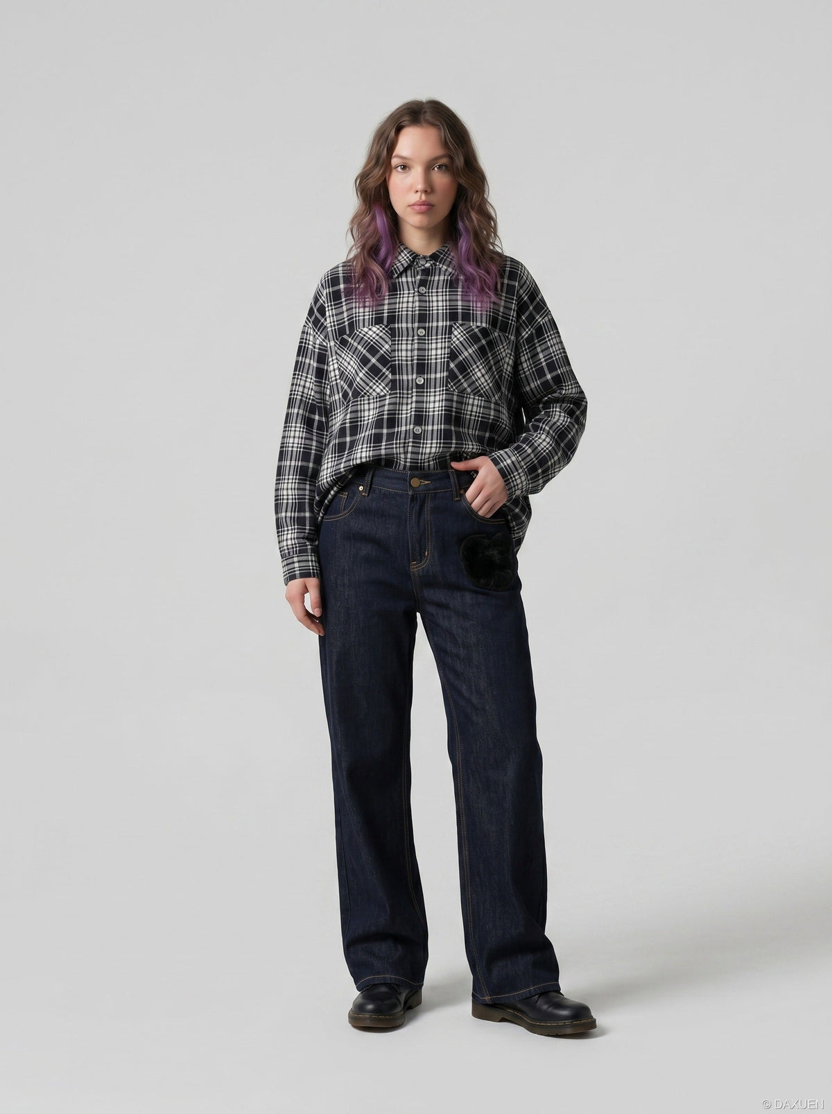 DAXUEN Wide-leg denim jeans with unique patches — model photo