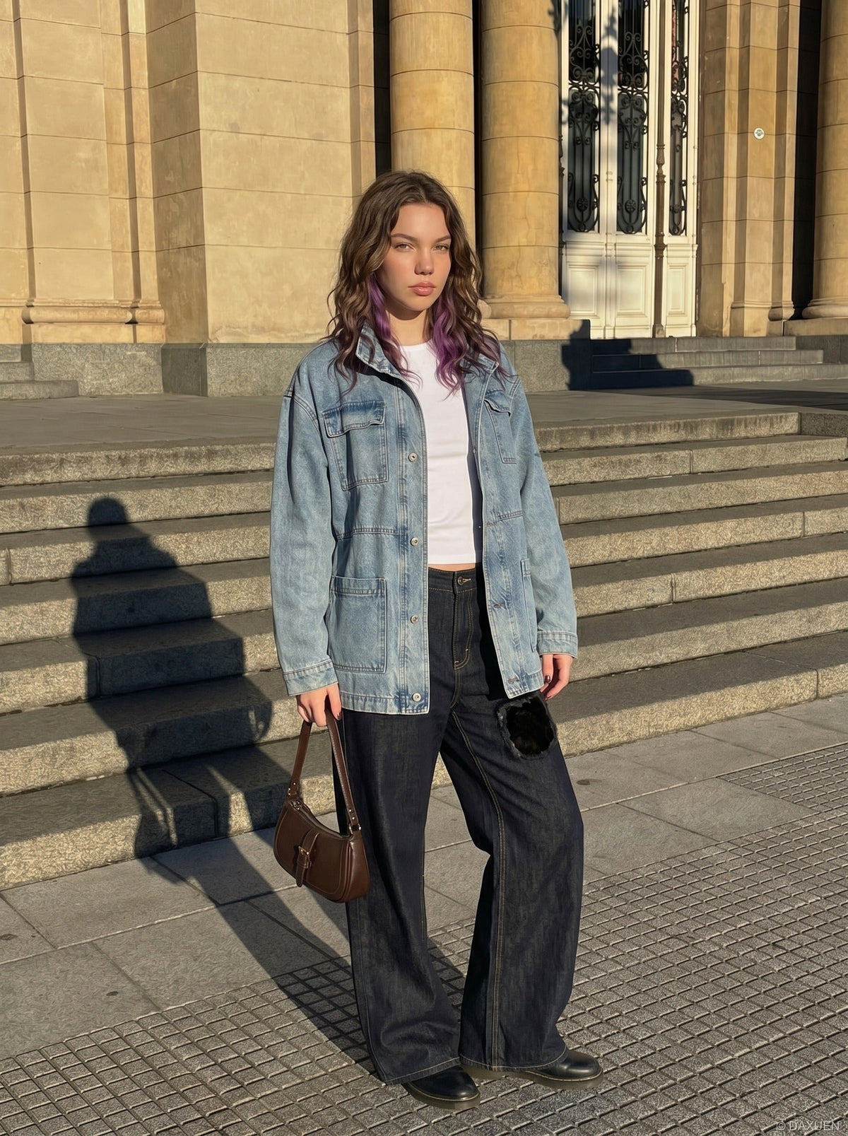 DAXUEN Wide-leg denim jeans with unique patches — model photo