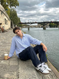DAXUEN Wide-leg denim jeans in dark blue and grey — model photo