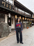 DAXUEN Wide-leg denim jeans in dark blue and grey — model photo
