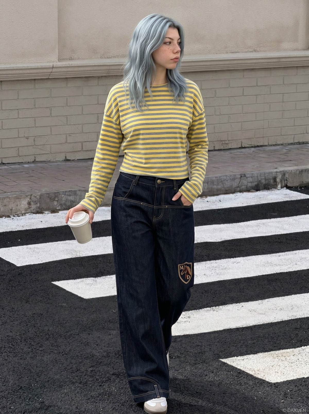 DAXUEN Wide-leg denim jeans with embroidered details — model photo