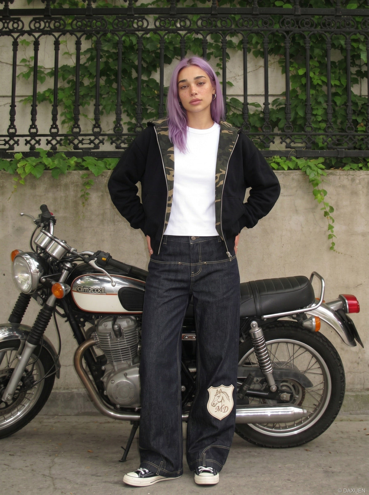 DAXUEN Wide-leg denim jeans with embroidered details — model photo